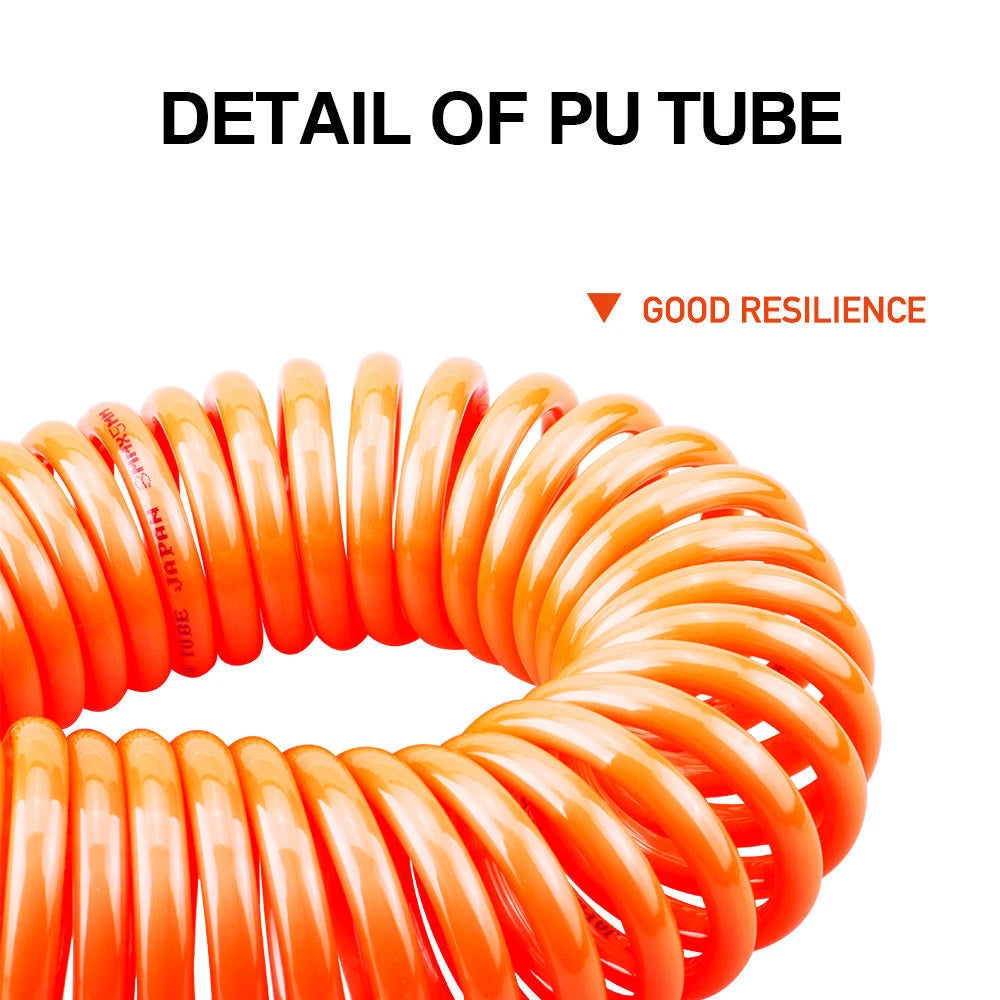 Coiled orange polyurethane air hose showing high elasticity and resilience