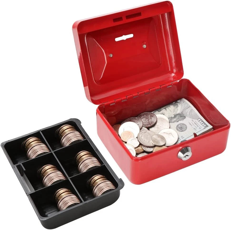 Open red cash box showing money storage and separate 6-grid black plastic coin tray