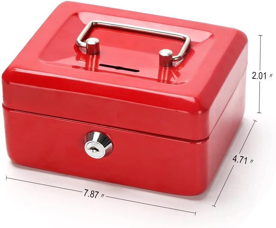 Red metal cash lock box with top handle showing precise dimensions in inches