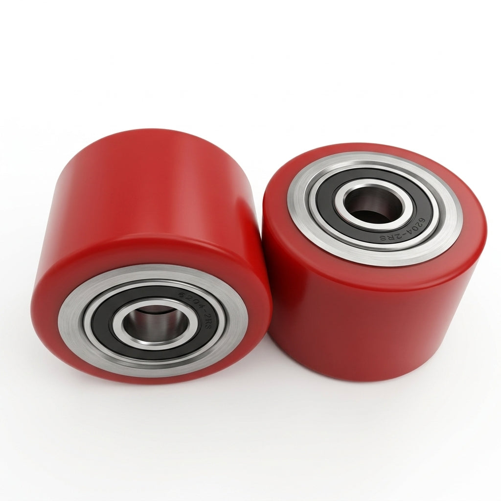 Pair of heavy duty red polyurethane pallet jack front load rollers with sealed bearings