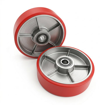 Red polyurethane tread on steel hub caster wheels with sealed precision bearings