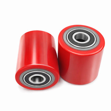 Pair of heavy duty red PU polyurethane pallet jack load wheels with sealed bearings