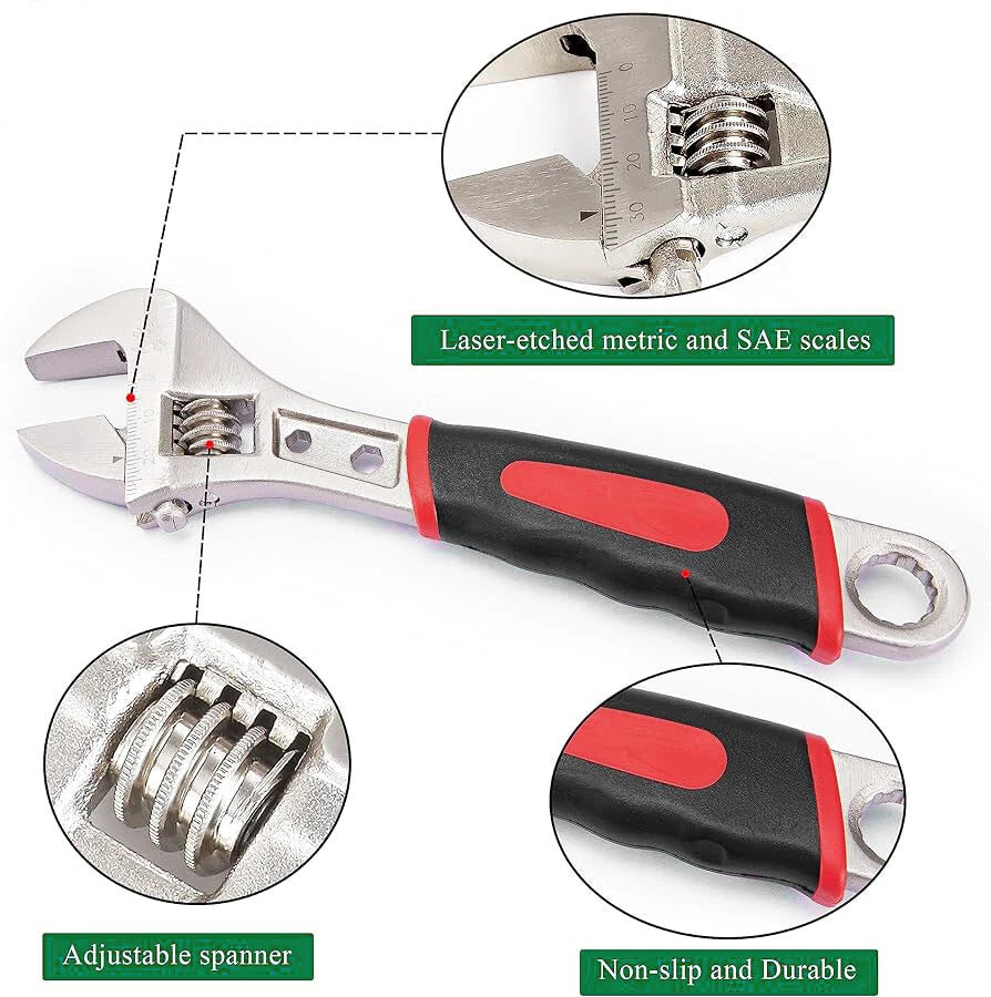 6"/8"/10"/12" Heavy Duty Adjustable Wrench Set with Extra Wide Open Jaw, Shifter Spanner for Large Nuts & Pipes