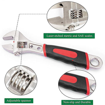 6"/8"/10"/12" Heavy Duty Adjustable Wrench Set with Extra Wide Open Jaw, Shifter Spanner for Large Nuts & Pipes