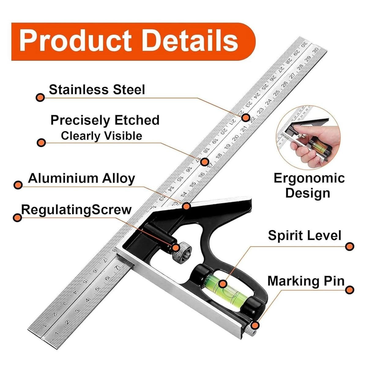 12'' inch Type A Combination Square 300mm Stainless Steel Ruler L shape level