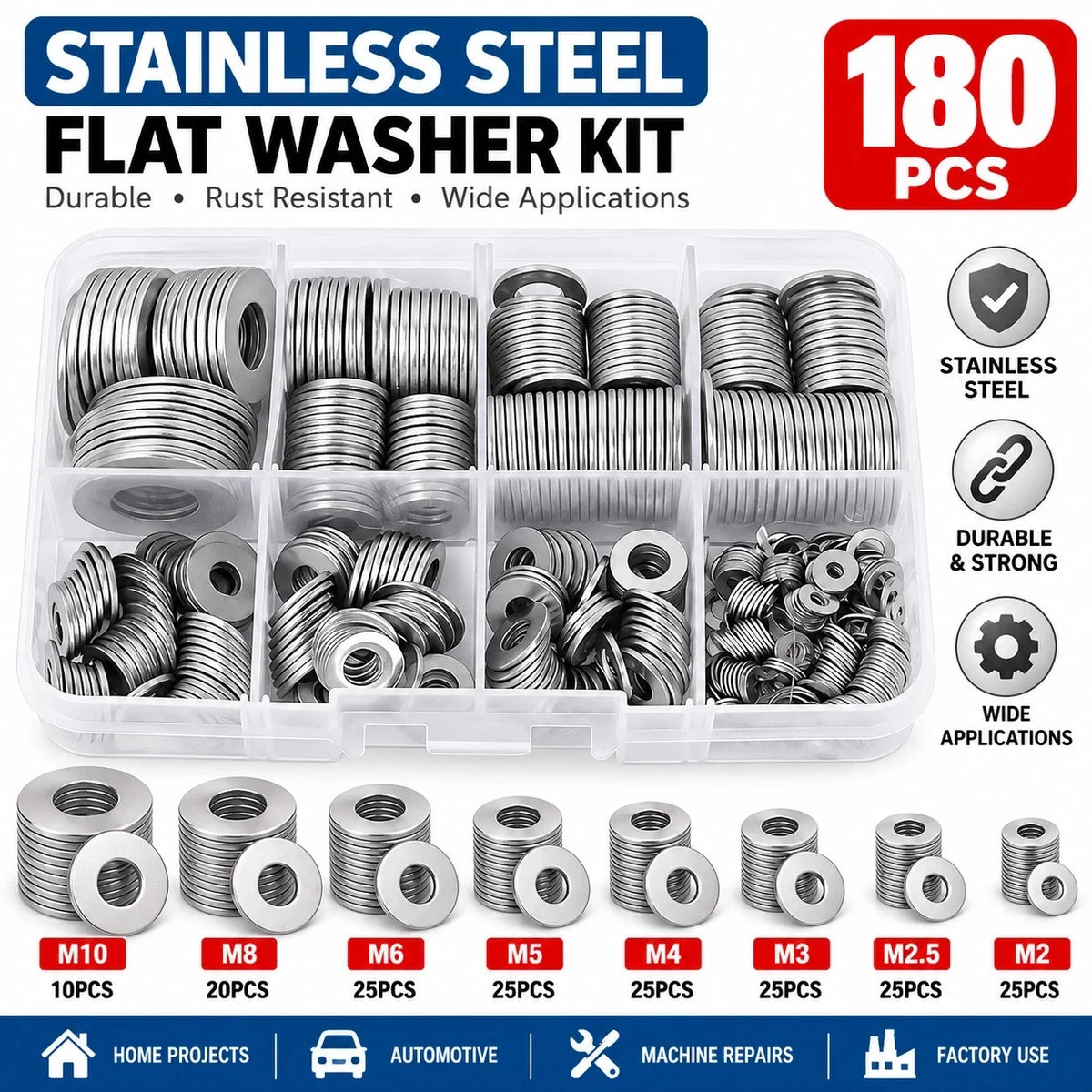 180Pcs Stainless Steel Flat Washer Assortment Kit M2 M2.5 M3 M4 M5 M6 M8 M10