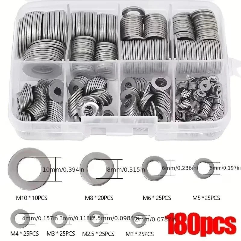 180Pcs Stainless Steel Flat Washer Assortment Kit M2 M2.5 M3 M4 M5 M6 M8 M10