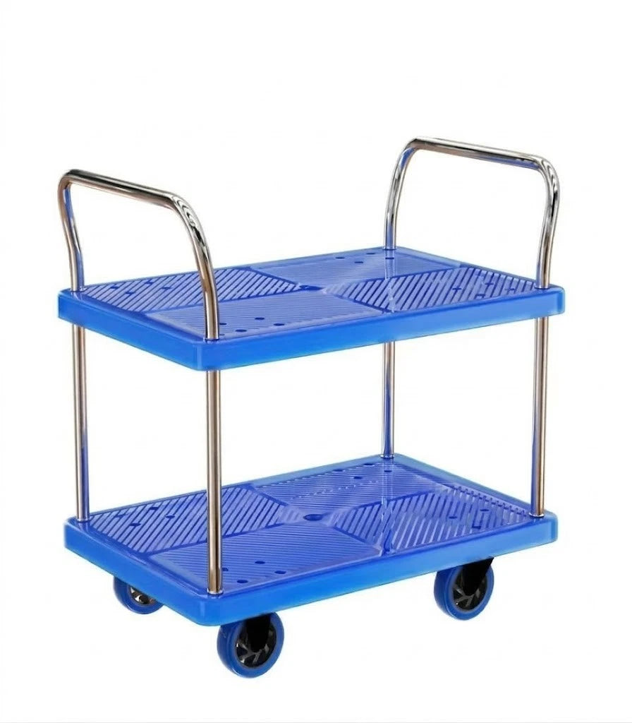 Platform Trolley 2 Tiers Handtruck Pushcart Steel Frame Load 150kg Service Cart
