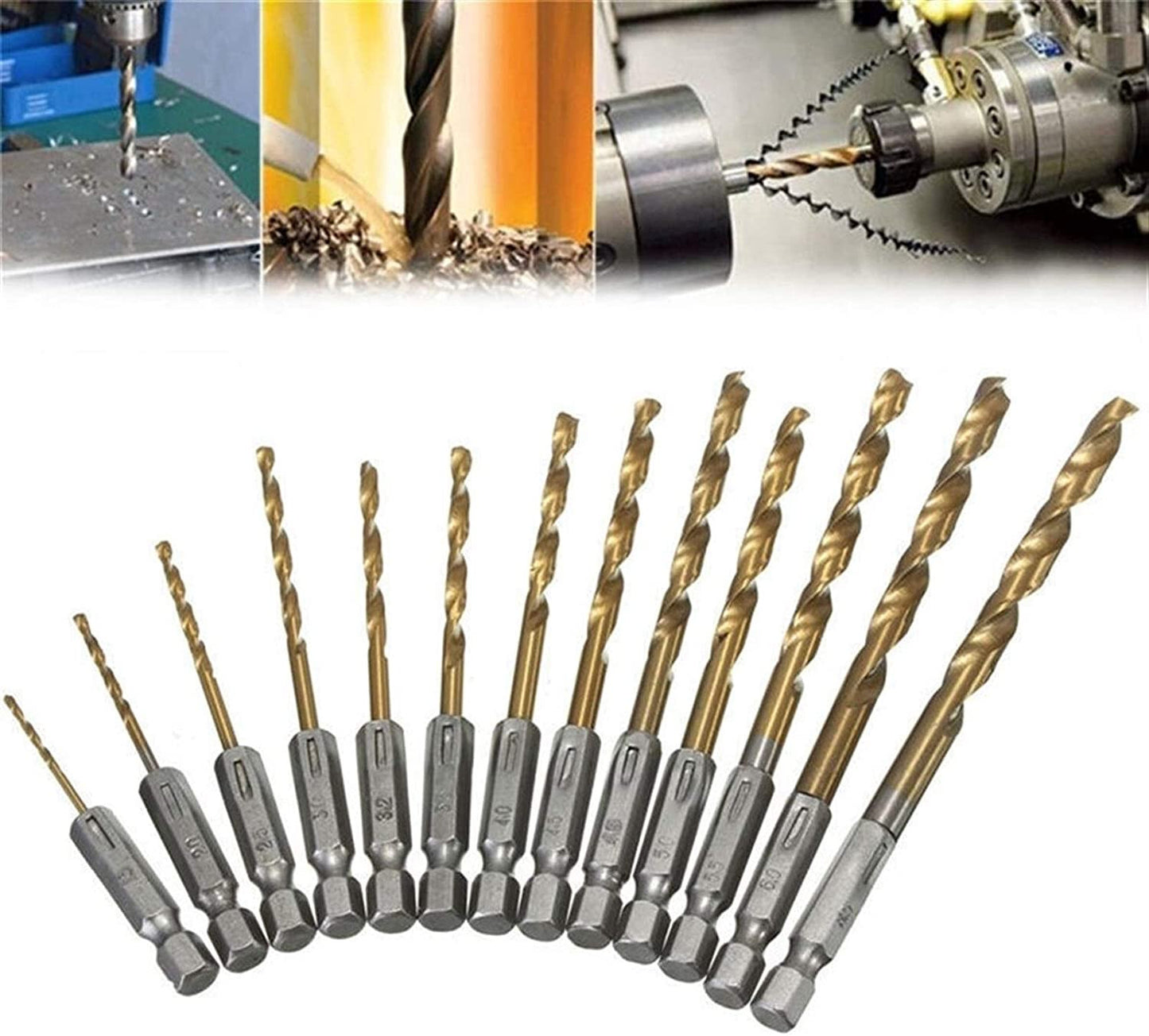 13Pcs HSS High Speed Steel for Metal Titanium Coated Drill 1/4 Hex Shank Power Tools
