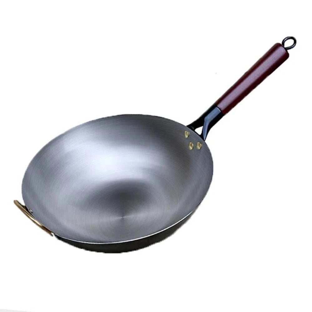Traditional Hand Hammered Carbon Steel Wok – Wooden Handle (32cm–40cm)