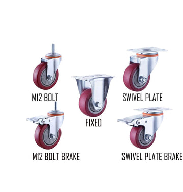 Red PVC Castor Wheels 3" 4" 5" – Swivel / Brake / Fixed Plate Bolt | Industrial