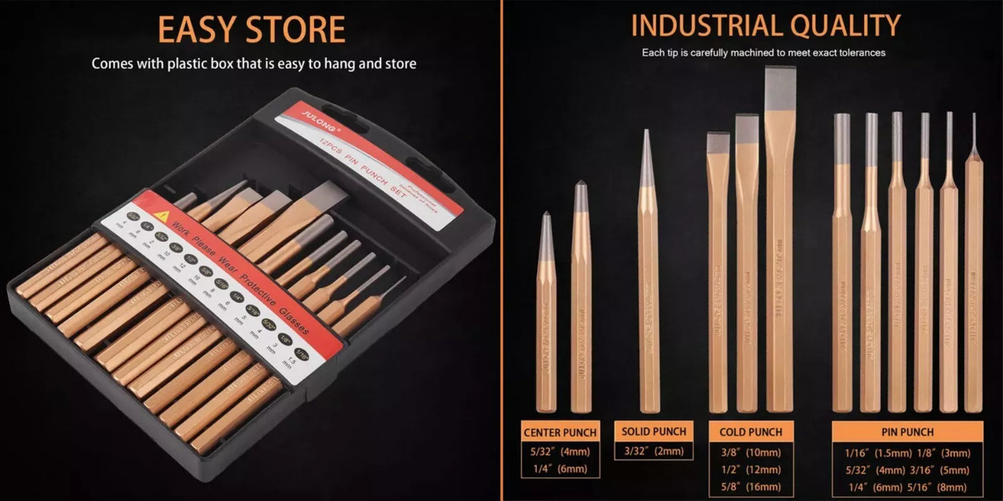 Chrome Vanadium Steel Chisel & Punch Set - 12 Piece Professional Tool Kit