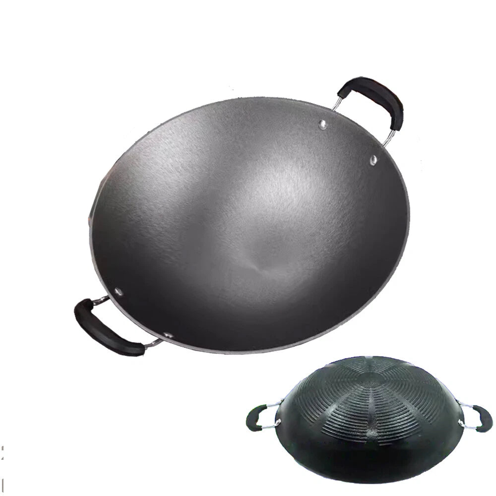 Cast iron Wok THICK Double Hand Hammered kithchen with wooden handle