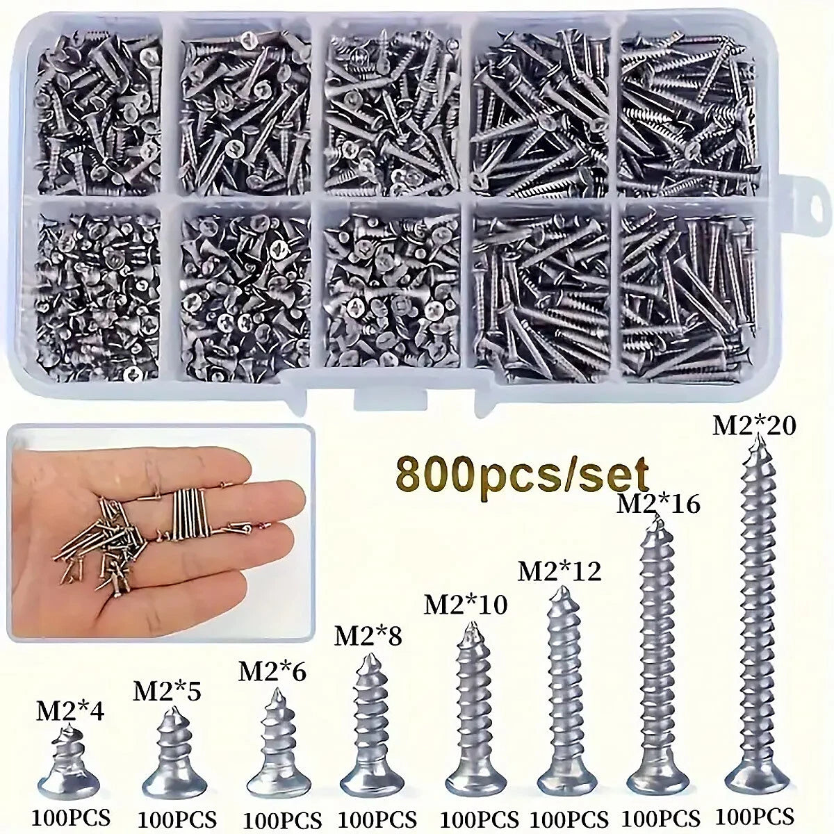 800 Piece M2 Self Tapping Screw Assortment Kit – Carbon Steel Flat Head Phillips Micro Screws 4mm–20mm for Electronics, Laptop, Drone, RC Model & Precision Repairs