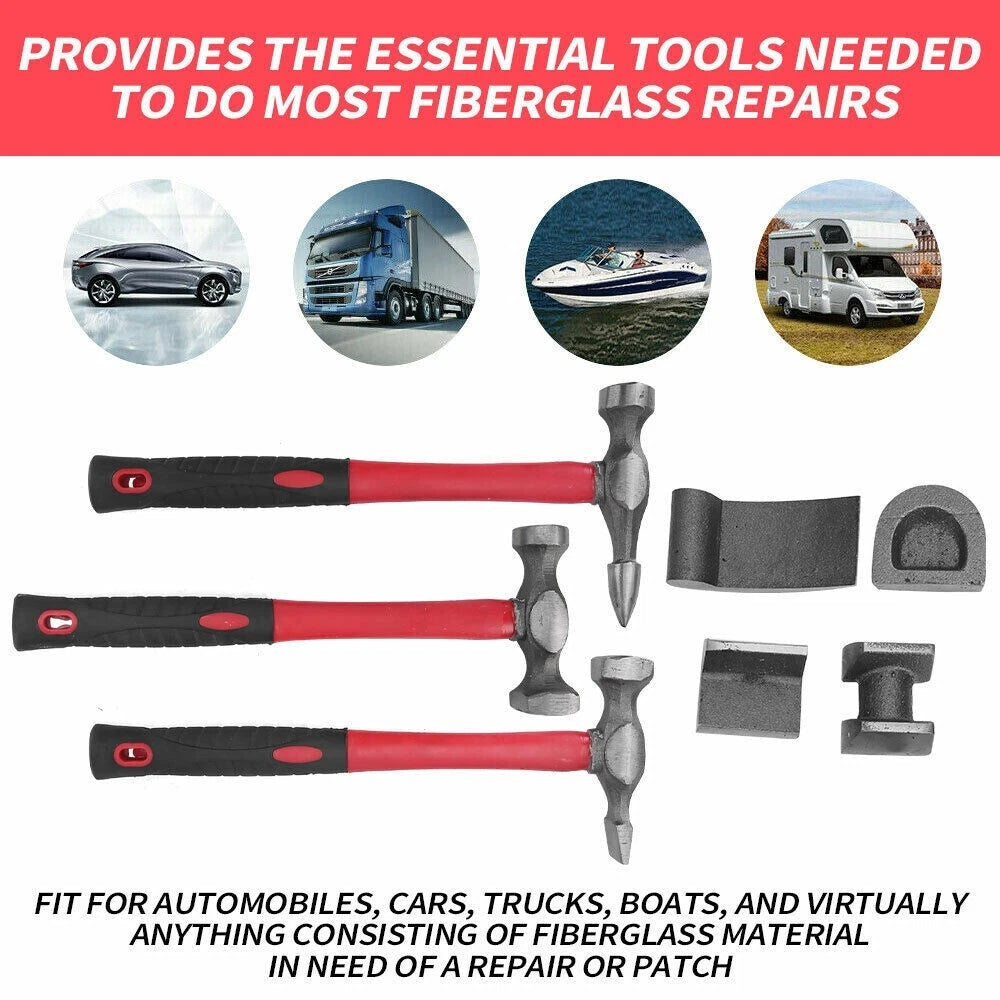 7Pc Auto Car Body Repair Hammer Dolly Panel Dent Beating Tools Roller Kit Case