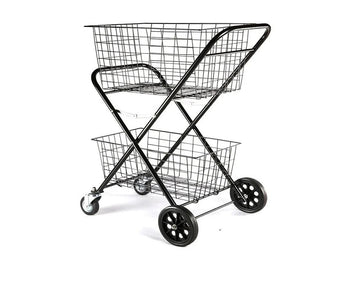 2 Tier Shopping Trolley Double Basket Swivel Wheel Collapsible Tennis Ball Cart