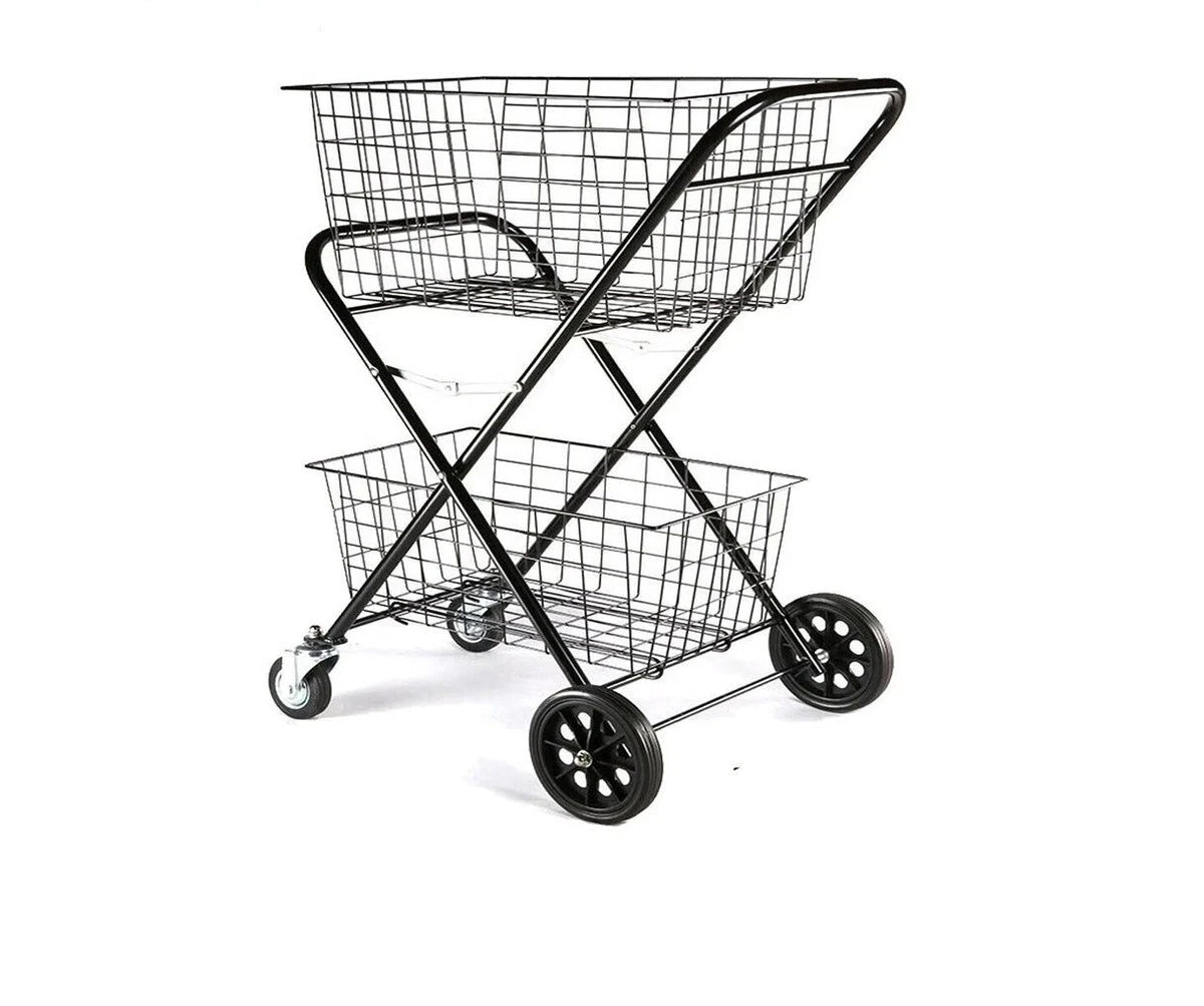 2 Tier Shopping Trolley Double Basket Swivel Wheel Collapsible Tennis Ball Cart