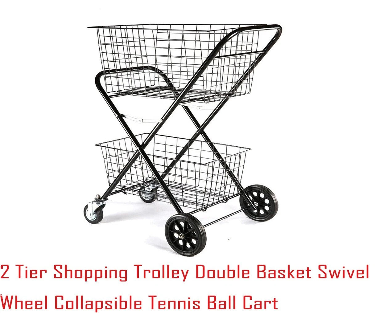 2 Tier Shopping Trolley Double Basket Swivel Wheel Collapsible Tennis Ball Cart