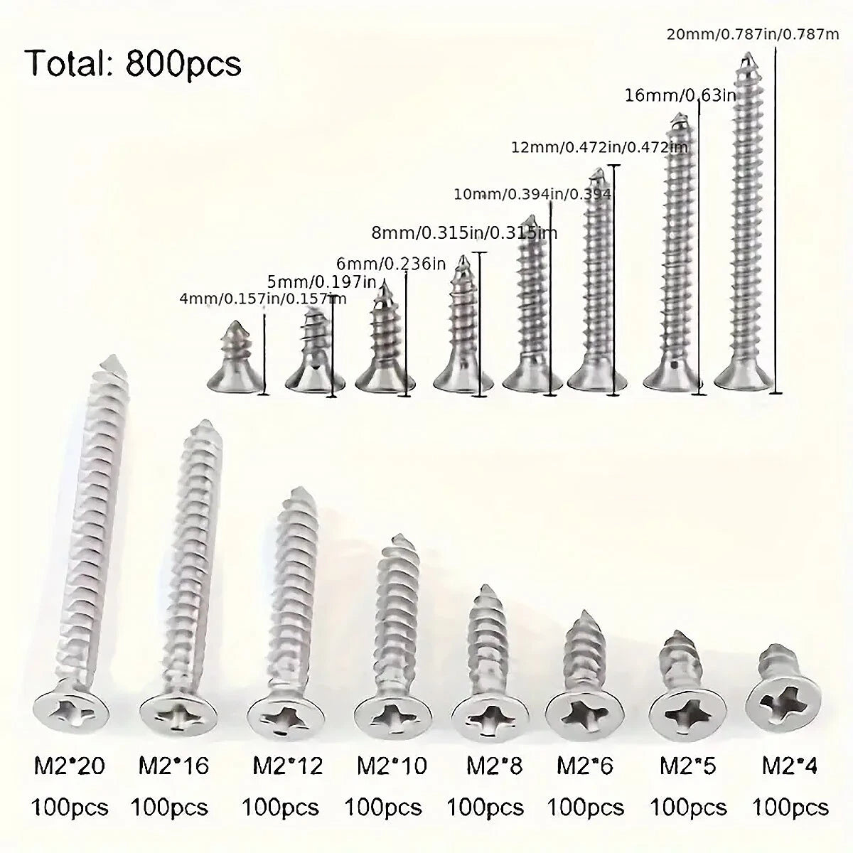 800 Piece M2 Self Tapping Screw Assortment Kit – Carbon Steel Flat Head Phillips Micro Screws 4mm–20mm for Electronics, Laptop, Drone, RC Model & Precision Repairs