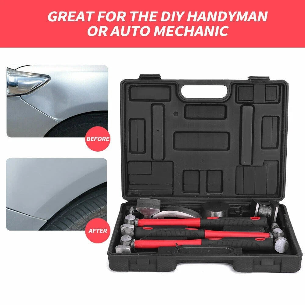 7Pc Auto Car Body Repair Hammer Dolly Panel Dent Beating Tools Roller Kit Case