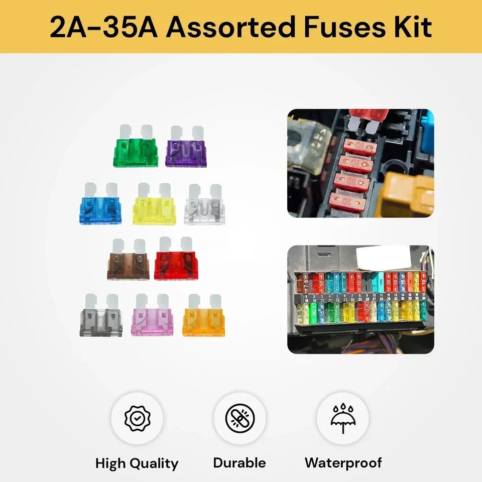 100PCS Automotive Blade Fuse Kit — Standard Size 2A to 35A · Includes Storage Case · Car/Truck/Boat/RV