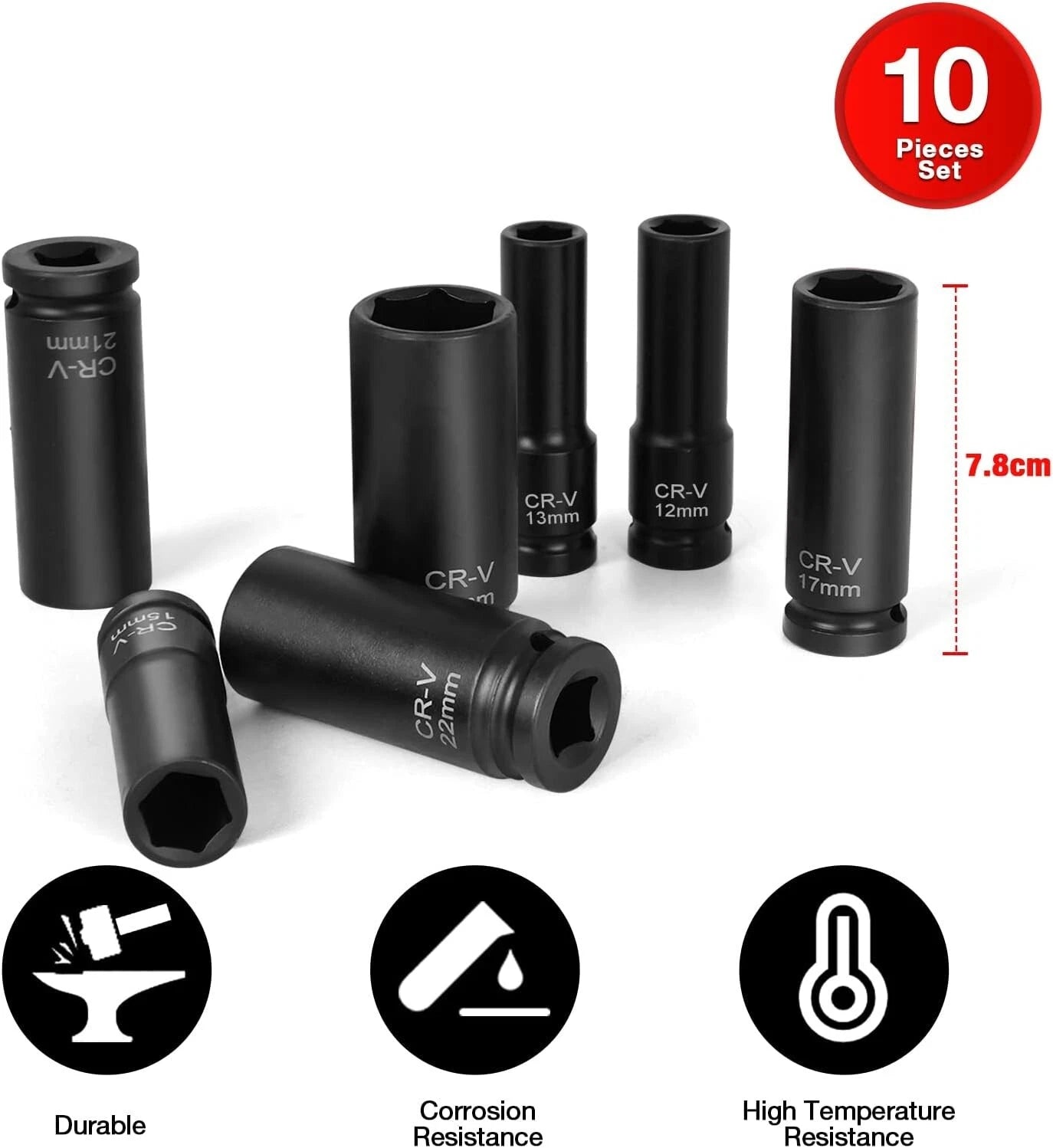 DONGTE 10pc 1/2″ Drive Metric Deep Impact Socket Set — 10-24mm · CR-V Steel · Air Impact Gun