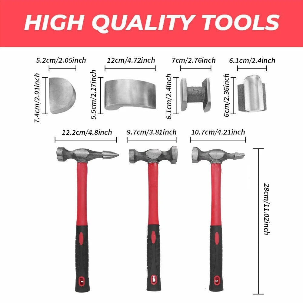 7Pc Auto Car Body Repair Hammer Dolly Panel Dent Beating Tools Roller Kit Case