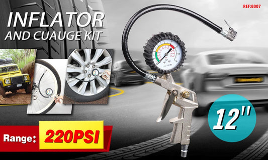 12″ Inflator and Gauge Kit — Tire Air Pressure Gauge with Inflating Gun · 0-220PSI