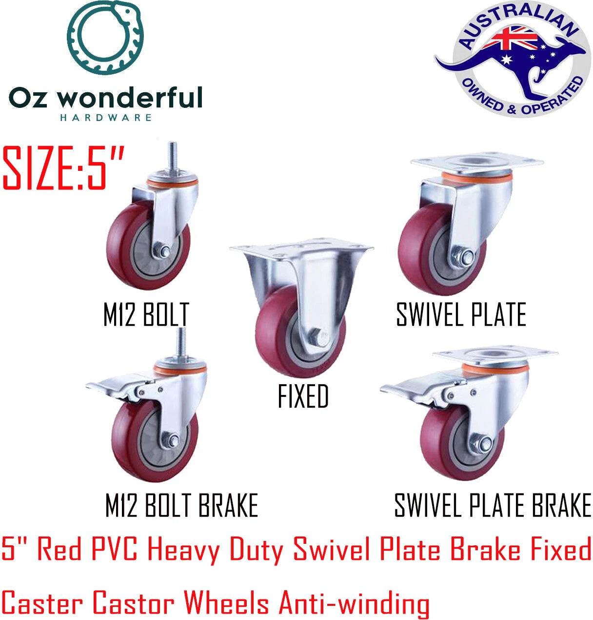Red PVC Castor Wheels 3" 4" 5" – Swivel / Brake / Fixed Plate Bolt | Industrial