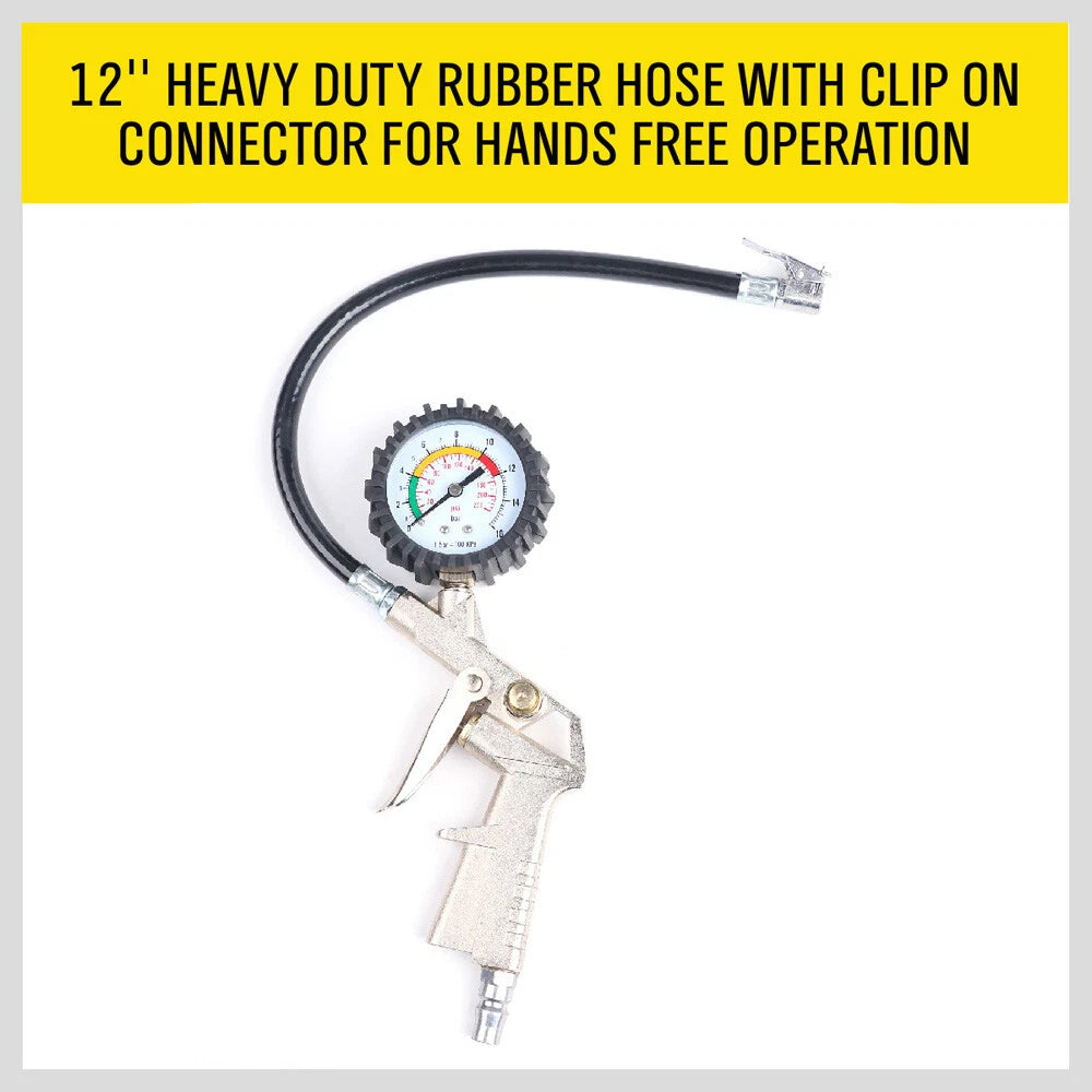 12″ Inflator and Gauge Kit — Tire Air Pressure Gauge with Inflating Gun · 0-220PSI