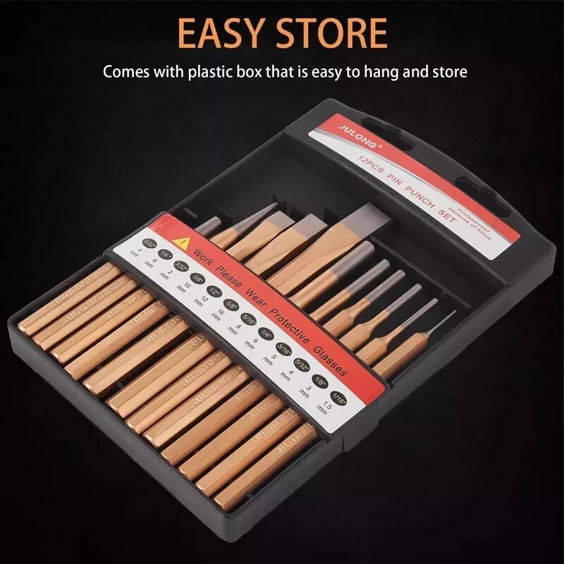 Chrome Vanadium Steel Chisel & Punch Set - 12 Piece Professional Tool Kit