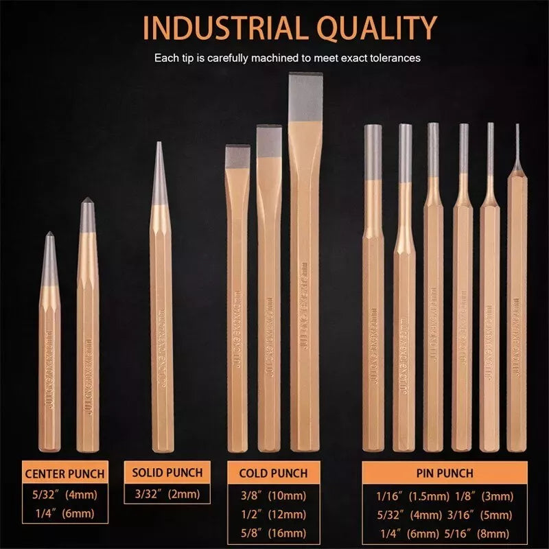 Chrome Vanadium Steel Chisel & Punch Set - 12 Piece Professional Tool Kit