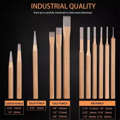 Chrome Vanadium Steel Chisel & Punch Set - 12 Piece Professional Tool Kit