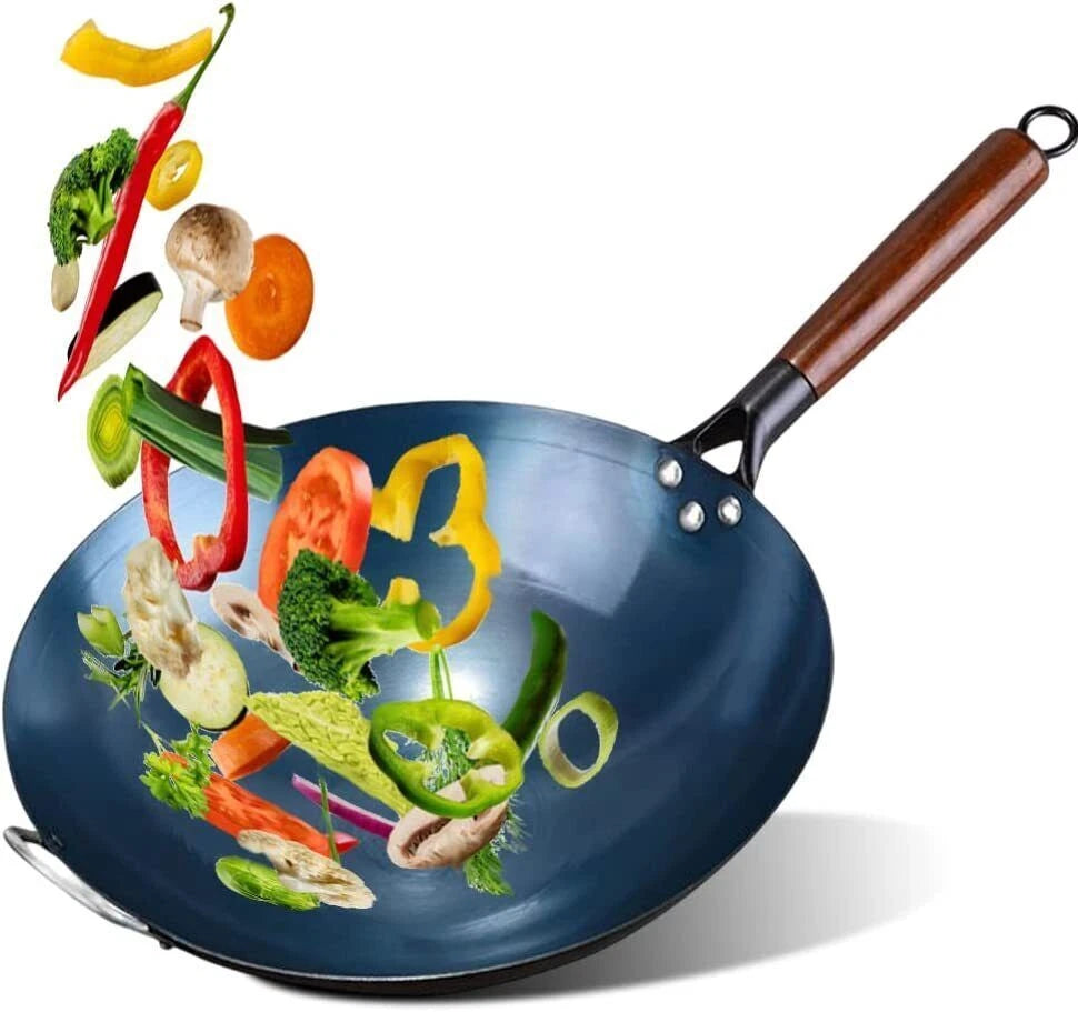 Pre-Heated Blue Wrought Carbon Steel Wok – Hand Hammered Double Handle