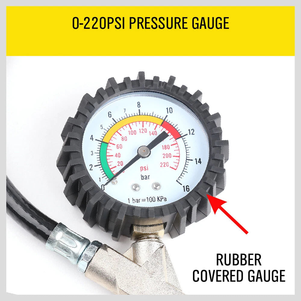 12″ Inflator and Gauge Kit — Tire Air Pressure Gauge with Inflating Gun · 0-220PSI
