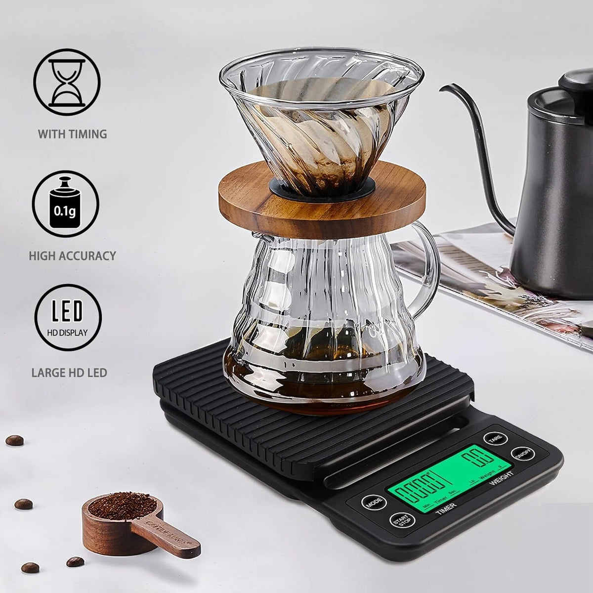 Share Kitchen Electronic Digital Coffee Scale W/ Timer High Precision Display 3Kg/0.1