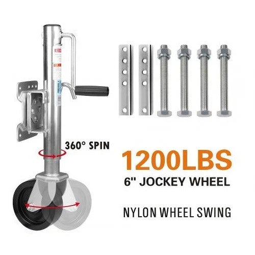 6″ Inch Trailer Jockey Wheel with Mounting Bracket Kit — Swing Up · 1200lbs Capacity · Solid Rubber Wheel