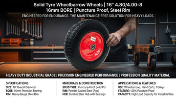 Solid Tyre Wheelbarrow Wheels | 16" 4.80/4.00-8 16mm BORE | Puncture Proof, Steel Rim