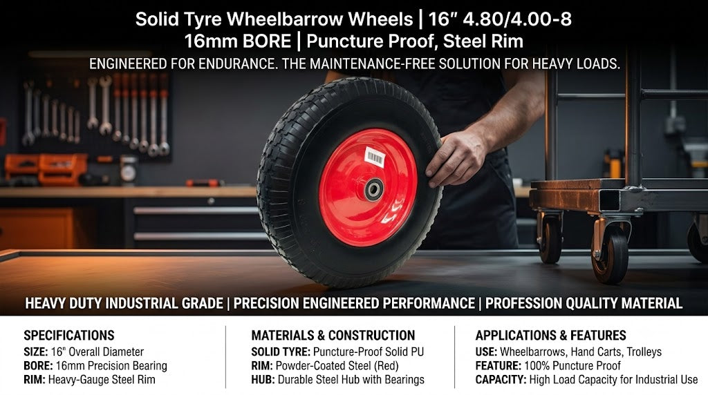 Solid Tyre Wheelbarrow Wheels | 16" 4.80/4.00-8 16mm BORE | Puncture Proof, Steel Rim
