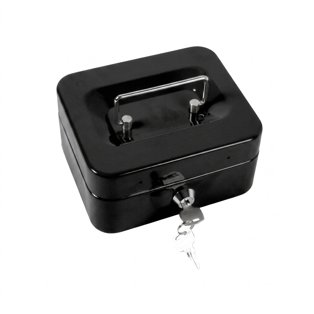 Glossy black metal cash lock box with key inserted in the lock cylinder