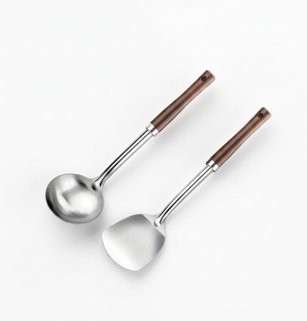 Matching 2-piece stainless steel kitchen tool set featuring soup ladle and wok spatula with wooden handles