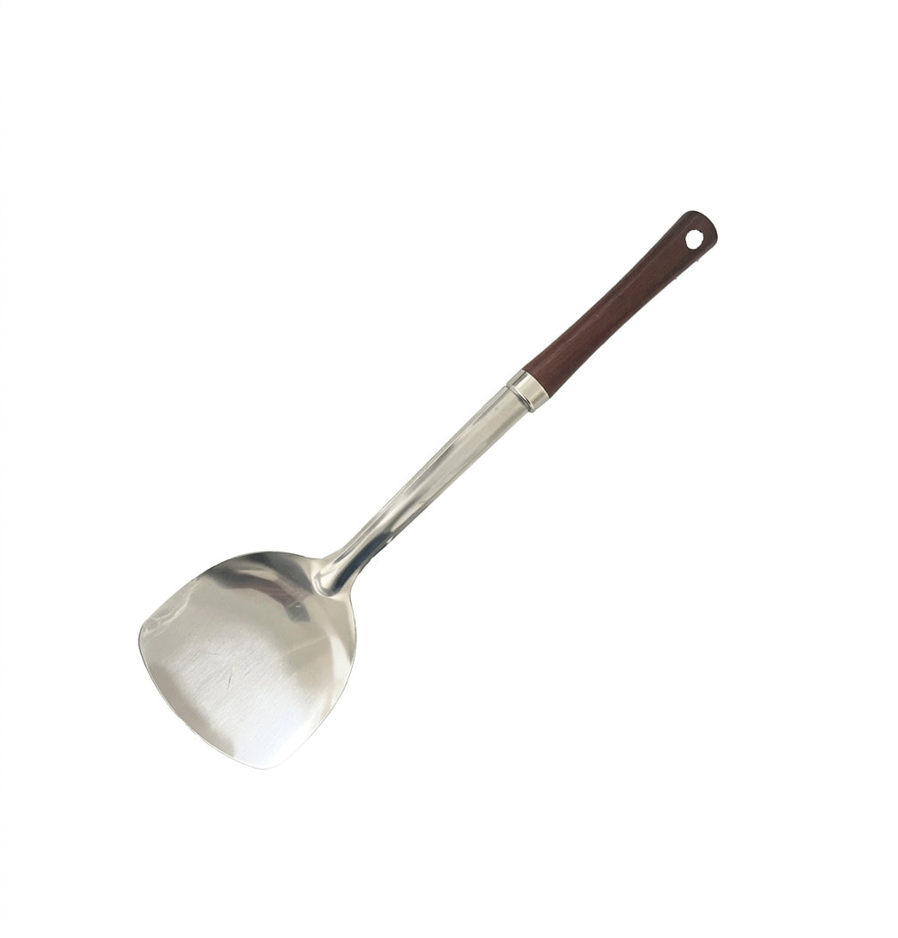 Stainless steel wok spatula with ergonomic dark wooden handle and hanging hole
