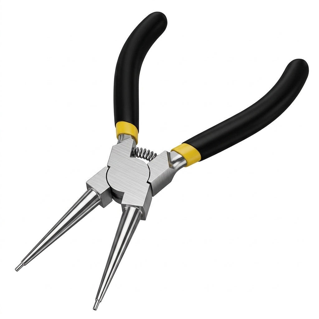 Straight external snap ring pliers with spring return and black anti-slip handle grip