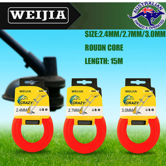 Professional round trimmer line in 2.4mm, 2.7mm, and 3.0mm thickness – 15M heavy-duty whipper snipper cord for string trimmers and brush cutters
