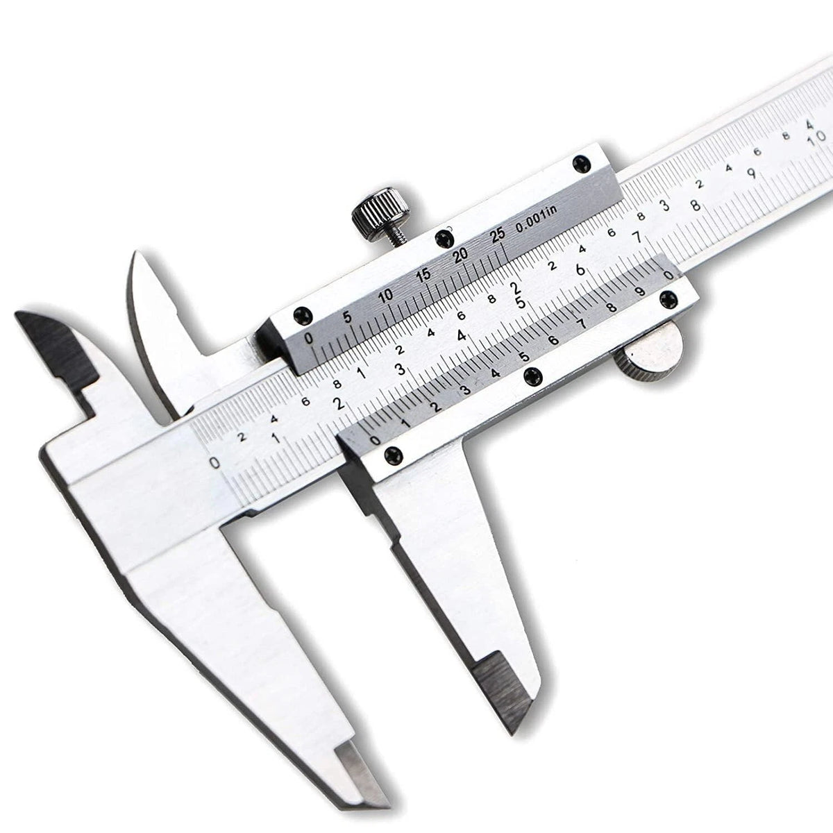 Close up view of stainless steel vernier caliper showing imperial and metric dual scale markings and fine adjustment wheel