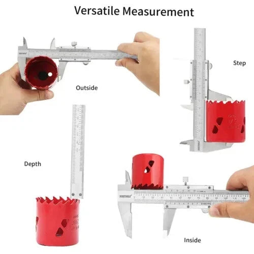 Diagram showing vernier caliper usage for measuring depth, inside, outside, and step dimensions on a hole saw
