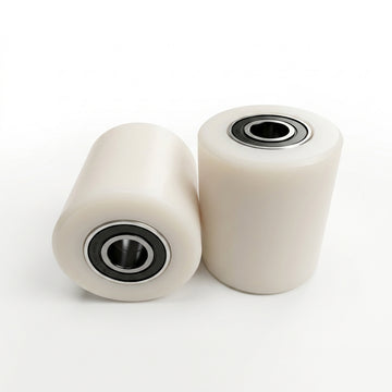 Pair of white nylon pallet jack load roller wheels with internal ball bearings