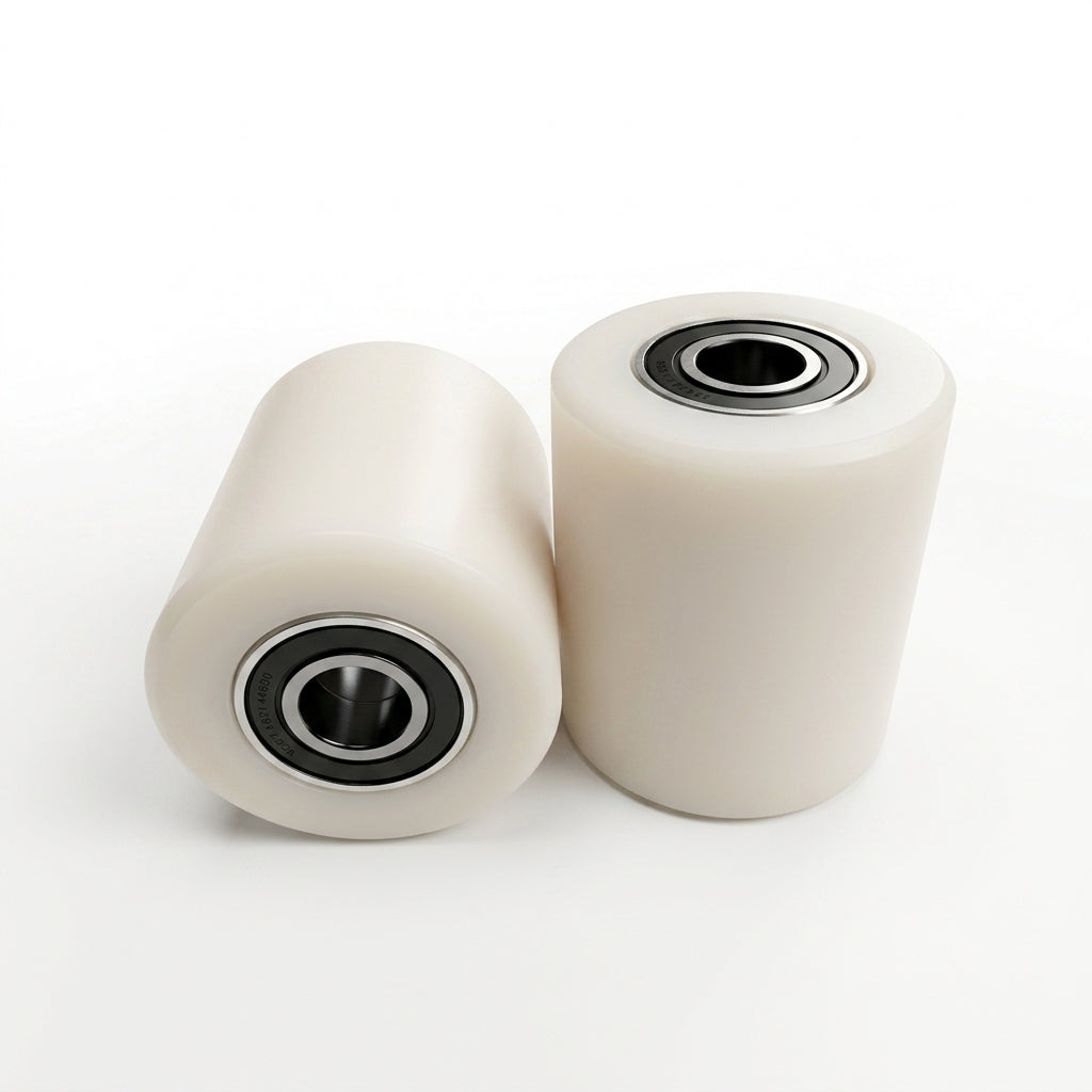 Pair of white nylon pallet jack load roller wheels with internal ball bearings