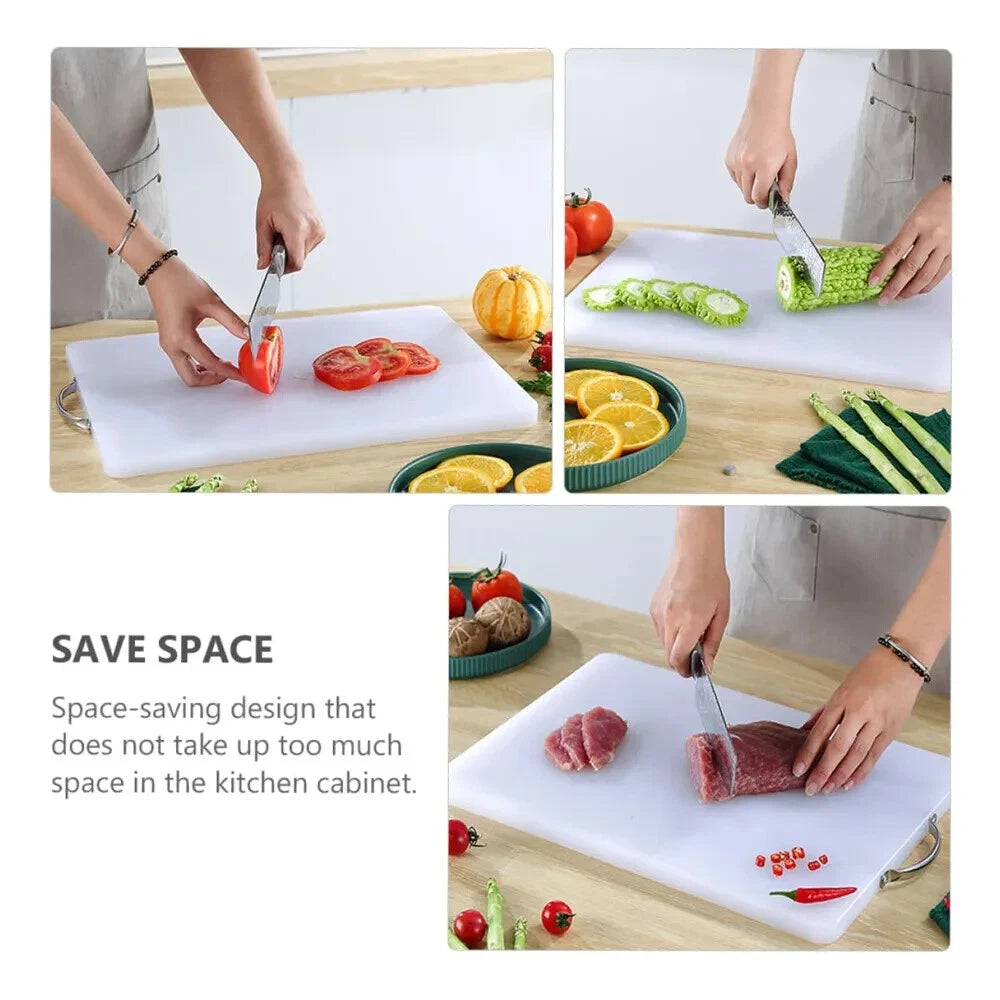 Three-panel collage showing white plastic cutting board used for vegetables and meat preparation