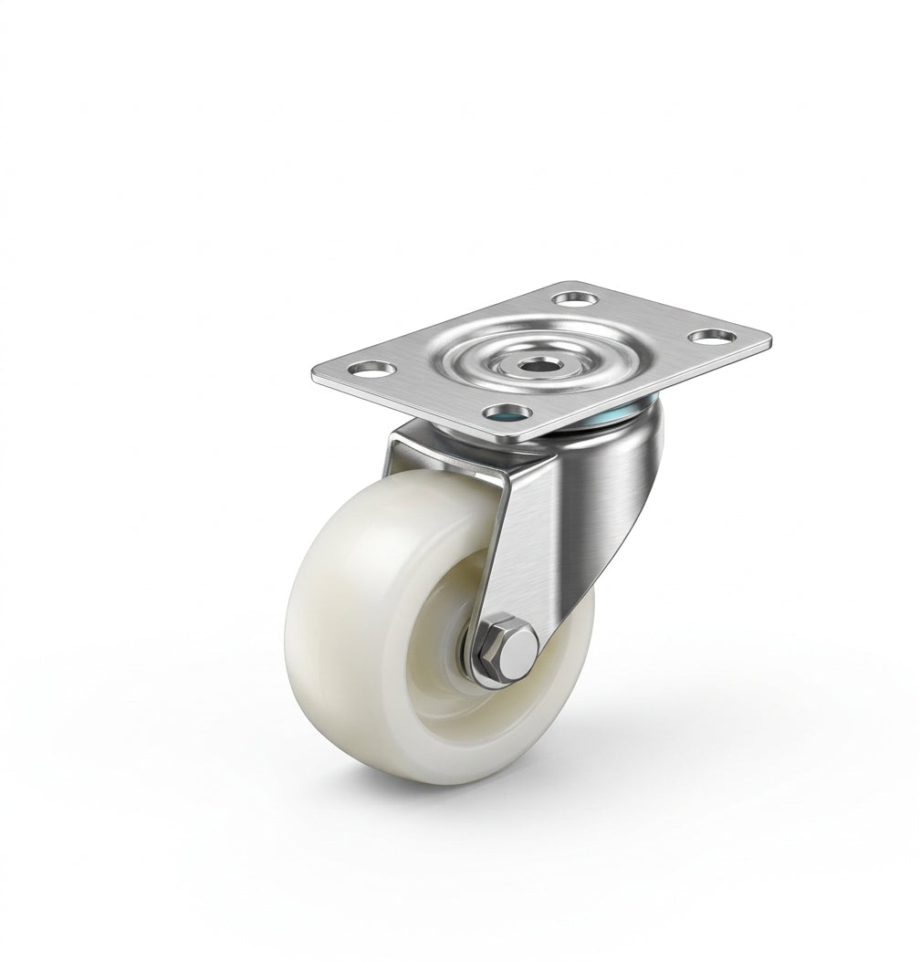 White polypropylene swivel castor wheel with stainless steel top plate bracket